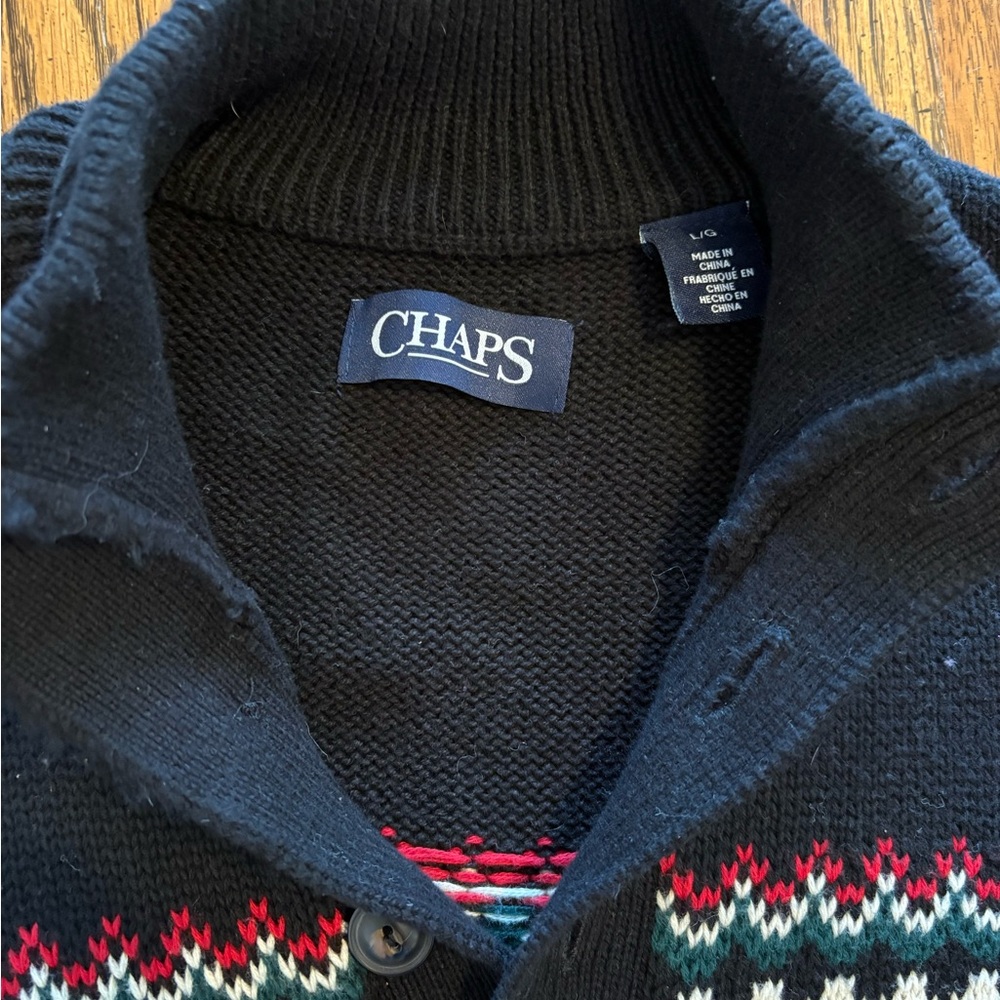 Chaps Navy Fair Isle Zip-Up Shawl Collar Sweater with Red Accents - Picture 2 of 4